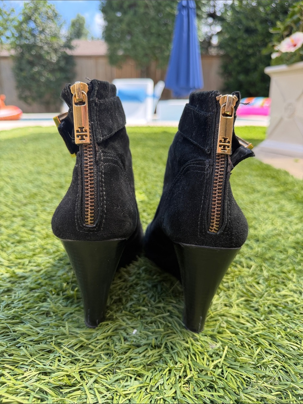 Tory Burch Black Suede Wedge Ankle Booties with Gold Buckle - Picture 3 of 5